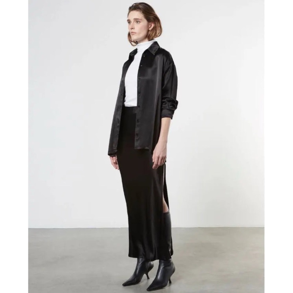 Enza Costa | Oversized Long Sleeve Satin Button Down Shirt - Black